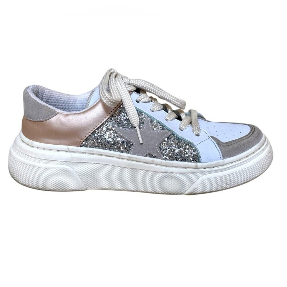 Pink Lily Silver Star Patch Glitter Platform Sneakers Silver Pink Womens Size 8